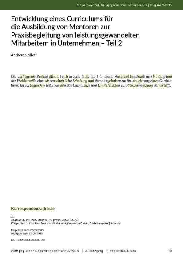 [doc_201939] Entwicklung eines Curriculums für die Ausbildung von Mentoren zur Praxisbegleitung von leistungsgewandelten Mitarbeitern in Unternehmen – Teil 2