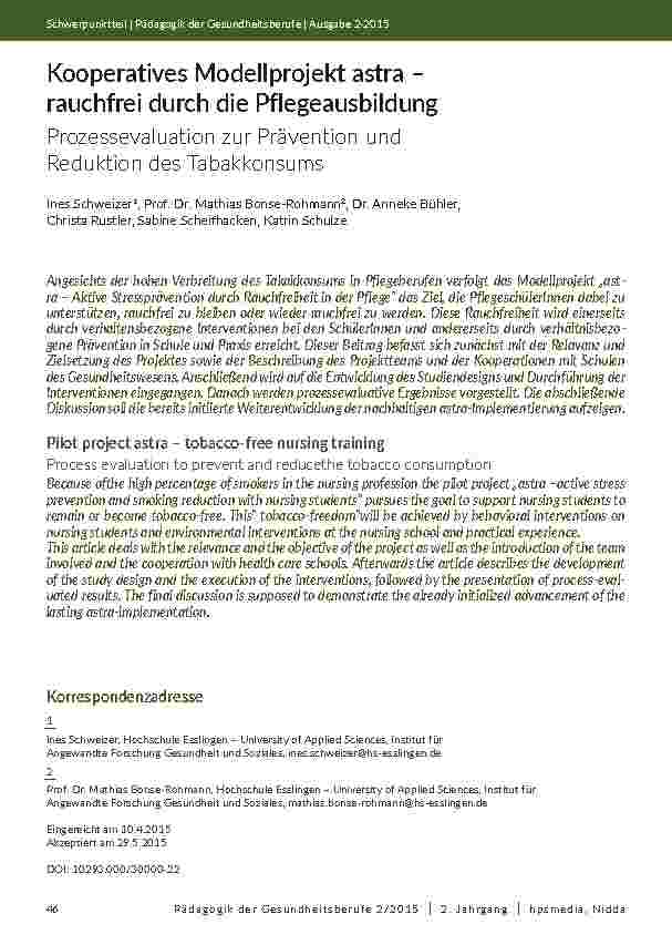 [doc_201923] Kooperatives Modellprojekt astra – rauchfrei durch die Pflegeausbildung - Prozessevaluation zur Prävention und Reduktion des Tabakkonsums