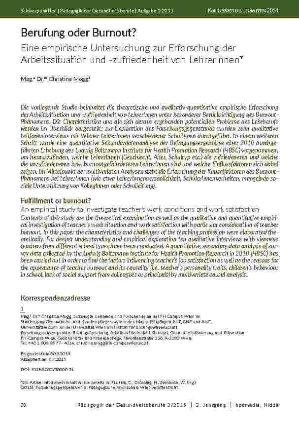 [doc_201922] Berufung oder Burnout? Eine empirische Untersuchung zur Erforschung der Arbeitssituation und -zufriedenheit von LehrerInnen