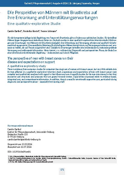 [doc_319735] Die Perspektive von Männern mit Brustkrebs auf ihre Erkrankung und Unterstützungserwartungen. Eine qualitativ-explorative Studie.