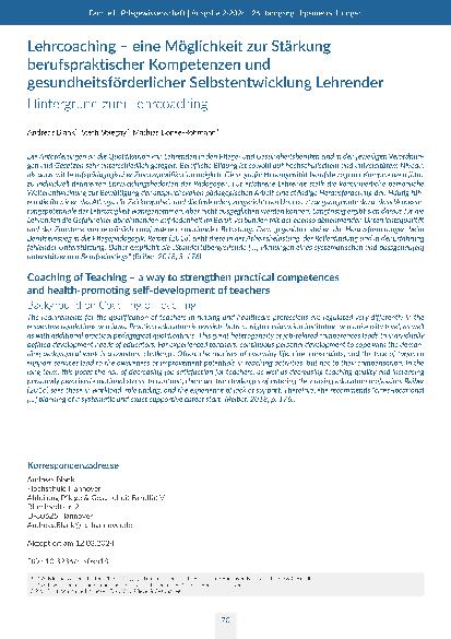 [doc_316239] Lehrcoaching – eine Möglichkeit zur Stärkung berufspraktischer Kompetenzen und gesundheitsförderlicher Selbstentwicklung Lehrender Hintergrund zum Lehrcoaching