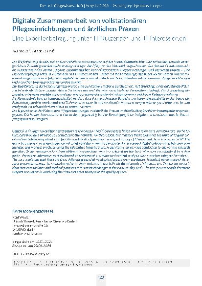 [doc_316236] Digitale Zusammenarbeit von vollstationären Pflegeeinrichtungen und ärztlichen Praxen: Eine Expertenbefragung unter TI-Nutzenden und TI-Interessierten
