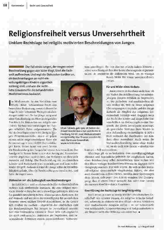 [doc_105139] Religionsfreiheit versus UnversehrtheitUnklare Rechtslage bei religiös motivierten Beschneidungen von Jungen