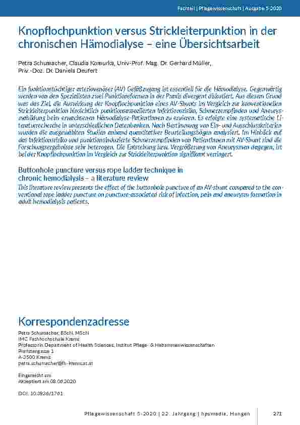 [doc_205615] Knopflochpunktion versus Strickleiterpunktion in der chronischen Hämodialyse – eine Übersichtsarbeit