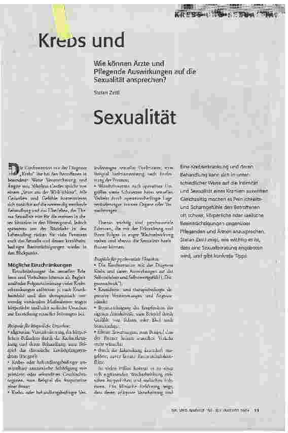 [doc_70814] Krebs und SexualitätWie können Ärzte und Pflegende Auswirkungen auf die Sexualität ansprechen?