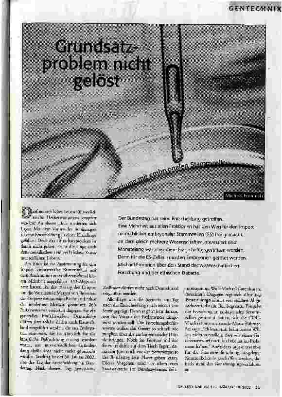 [doc_62389] Grundsatzproblem nicht gelöst Forschung mit embryonalen Stammzellen