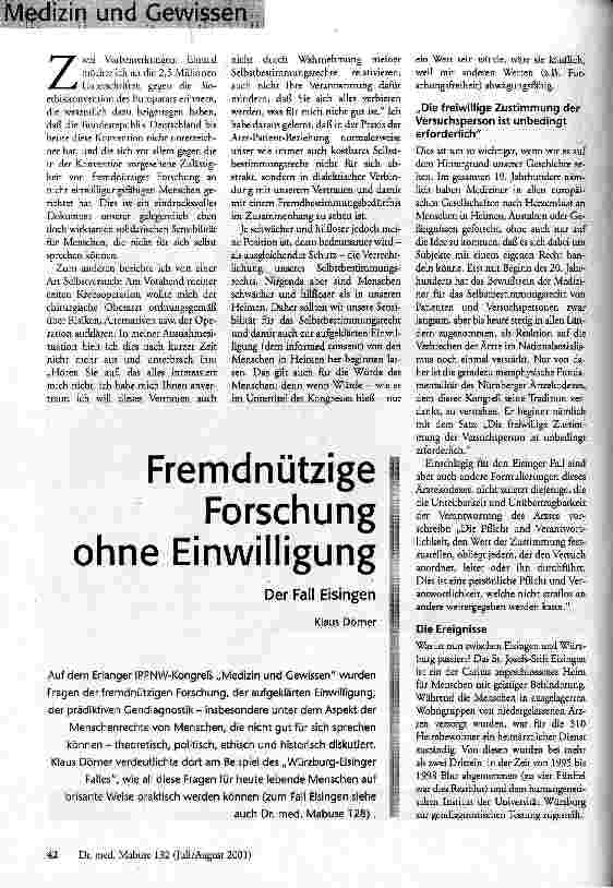 [doc_58965] Fremdnützige Forschung ohne Einwilligung Der Fall Eisingen