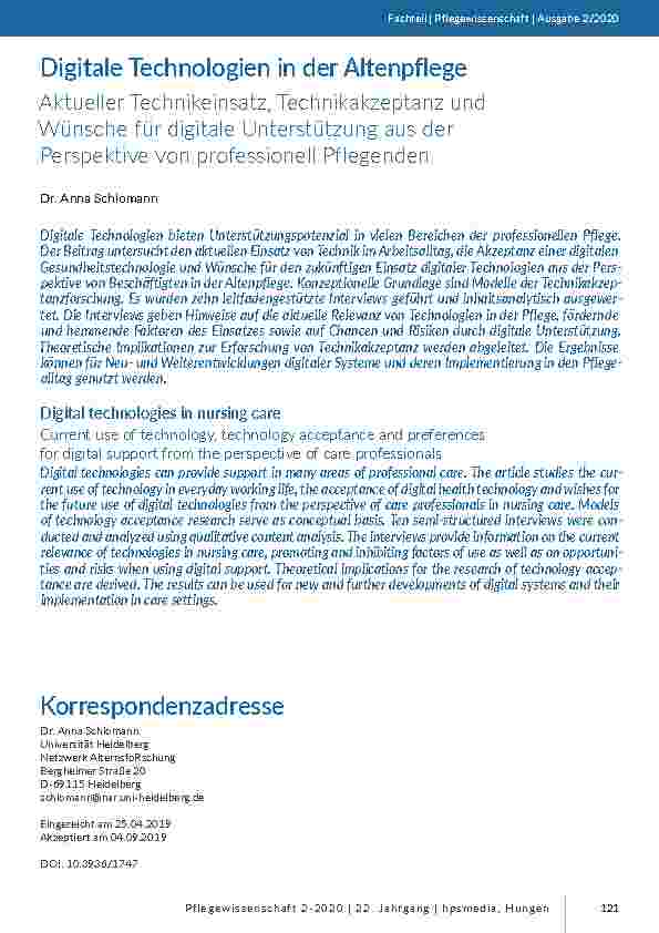 [doc_201830] Digitale Technologien in der Altenpflege. Aktueller Technikeinsatz, Technikakzeptanz und Wünsche für digitale Unterstützung aus der Perspektive von professionell Pflegenden.
