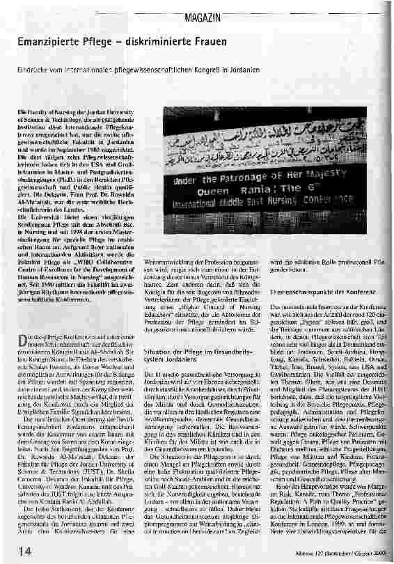 [doc_54720] Emanzipierte Pflege - diskriminierte Frauen Eindrücke vom internationalen pflegewissenschaftlichen Kongreß in Jordanien