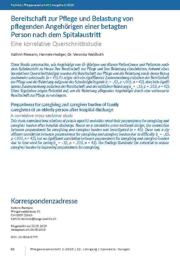 [doc_201826] Bereitschaft zur Pflege und Belastung von pflegenden Angehörigen einer betagten Person nach dem Spitalaustritt. Eine korrelative Querschnittsstudie.