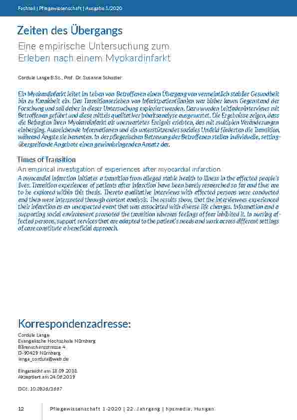 [doc_201821] Zeiten des Übergangs. Eine empirische Untersuchung zum Erleben nach einem Myokardinfarkt.