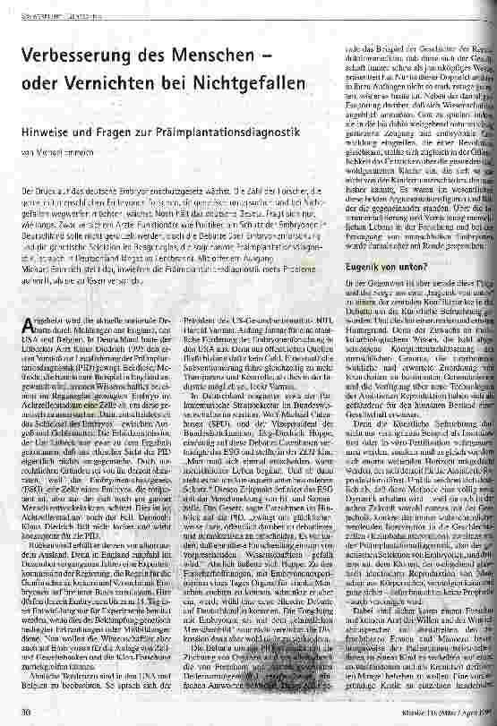 [doc_49222] Verbesserung des Menschen - oder Vernichten bei Nichtgefallen Hinweise und Fragen zur Präimplantationsdiagnostik