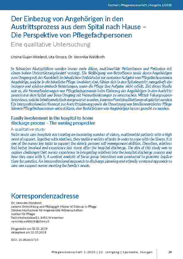 [doc_201817] Der Einbezug von Angehörigen in den Austrittsprozess aus dem Spital nach Hause – Die Perspektive von Pflegefachpersonen. Eine qualitative Untersuchung.