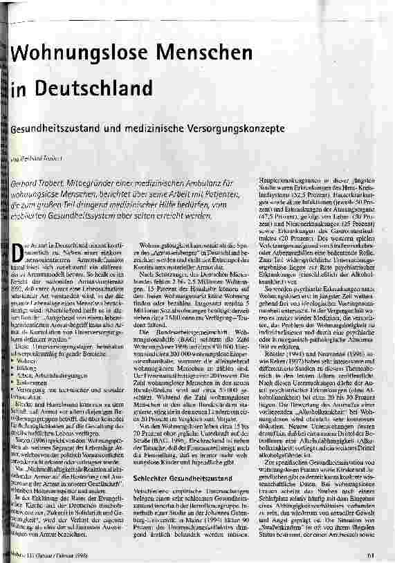 [doc_44191] Wohnungslose Menschen in Deutschland Gesundheitszustand und medizinische Versorgungskonzepte
