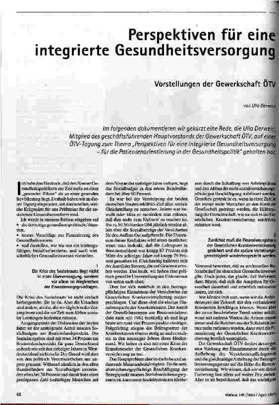 [doc_40775] Perspektiven für eine integrierte Gesundheitsversorgung Vorstellungen der Gewerkschaft ÖTV