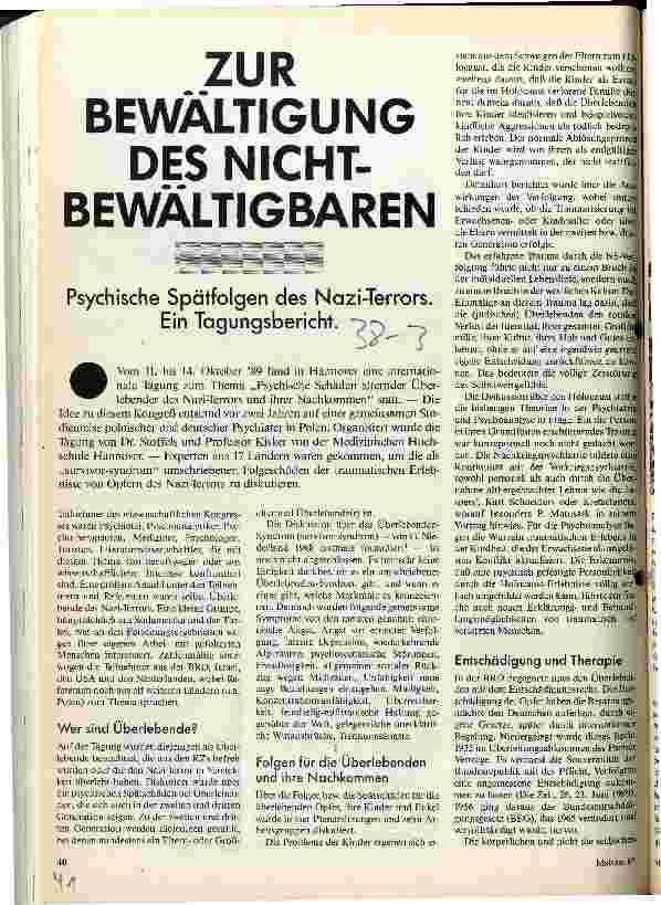 [doc_22166] Zur Bewältigung des Nichtbewältigbaren Psychische Spätfolgen des Nazi-Terrors - Ein Tagungsbericht