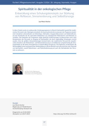 [doc_582126] Spiritualität in der onkologischen Pflege. Entwicklung eines Schulungskonzepts zur Stärkung von Reflexion, Sinnorientierung und Selbstfürsorge