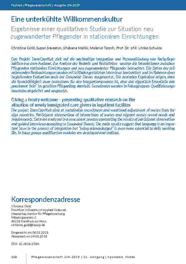 [doc_201757] Eine unterkühlte Willkommenskultur. Ergebnisse einer qualitativen Studie zur Situation neu zugewanderter Pflegender in stationären Einrichtungen