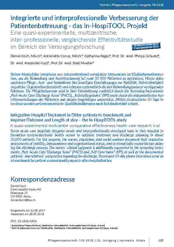 [doc_201700] Integrierte und interprofessionelle Verbesserung der Patientenbetreuung - das In-HospiTOOL Projekt