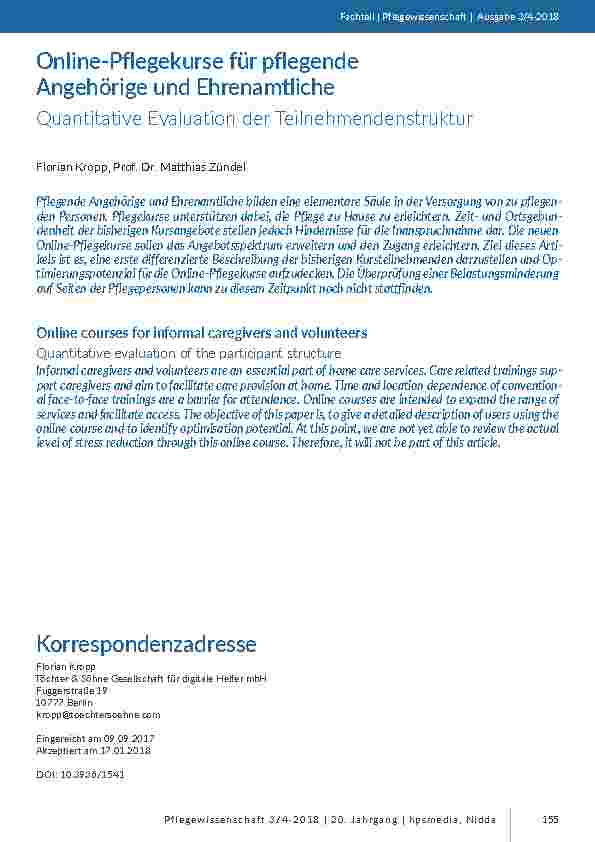 [doc_201673] Online-Pflegekurse für pflegende Angehörige und Ehrenamtliche. Quantitative Evaluation der Teilnehmendenstruktur