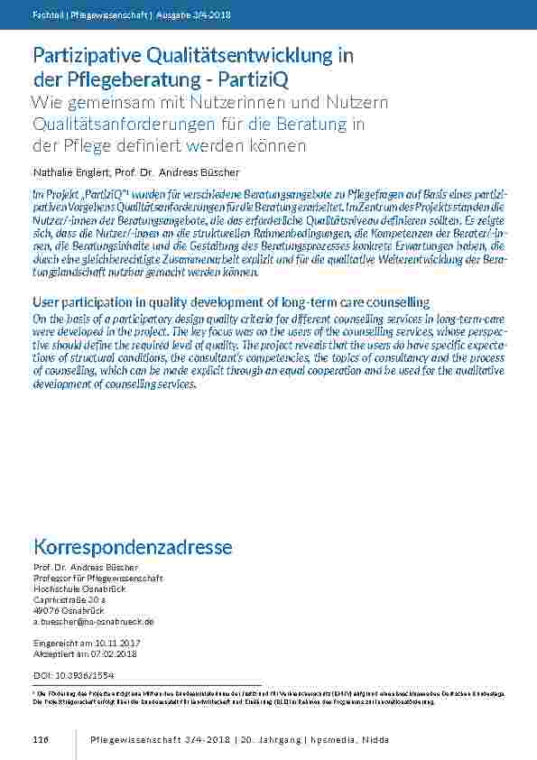 [doc_201669] Partizipative Qualitätsentwicklung in der Pflegeberatung - PartiziQ. Wie gemeinsam mit Nutzerinnen und Nutzern Qualitätsanforderungen für die Beratung in der Pflege definiert werden können