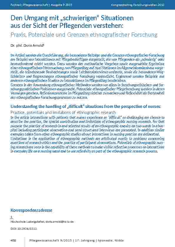 [doc_201428] Den Umgang mit „schwierigen“ Situationen aus der Sicht der Pflegenden verstehen: Praxis, Potenziale und Grenzen ethnografischer Forschung